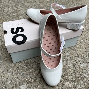 SO White Patent Mary Jane Kids Shoes with Glitter Heel